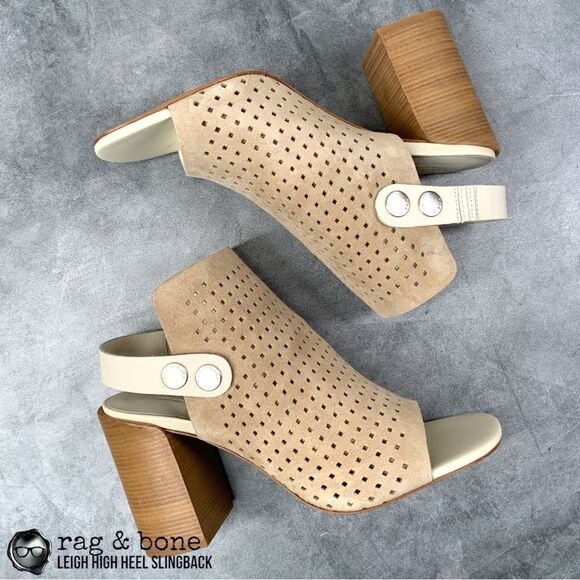 RAG & BONE LEIGH HIGH HEEL SLINGBACK SANDAL IN PERFORATED STUCCO SUEDE SIZE 8.5 - Picture 1 of 15